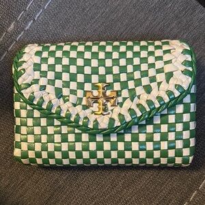Tory Burch Green and White Woven Wallet